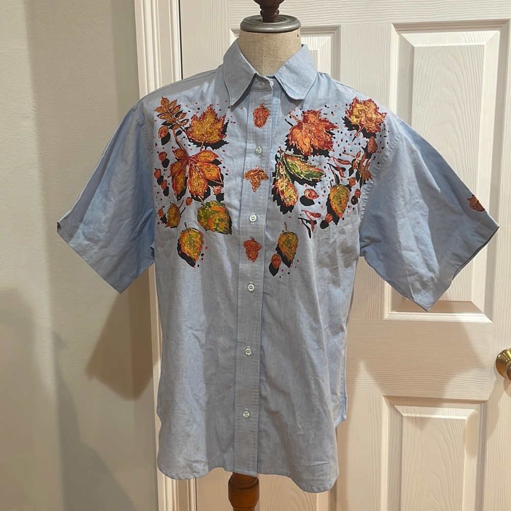 Art to wear autumn shirt embellished fall leaves glitter hand-painted women M